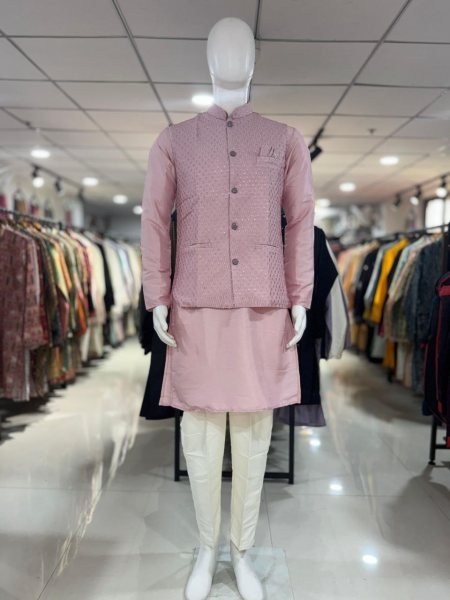 Efficient Pink Silk Jacket Kurta Set with Heavy Embroidery and Sequins Work Kurta Pajama Wholesale