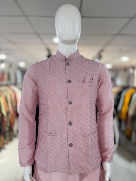 Efficient Pink Silk Jacket Kurta Set with Heavy Embroidery and Sequins Work Kurta Pajama Wholesale