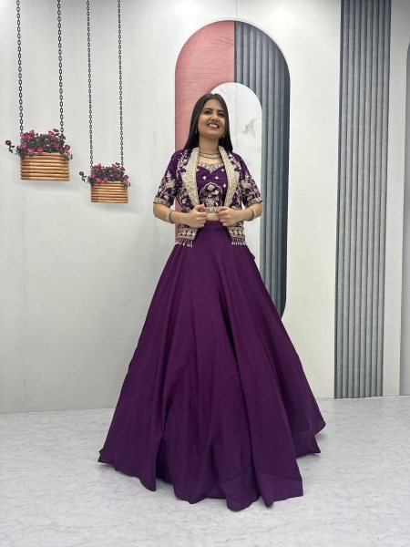 Efficient Purple ChinNon Sequence Work Lehenga Choli with Jacket Designer Lehenga Choli