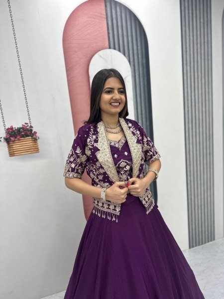 Efficient Purple ChinNon Sequence Work Lehenga Choli with Jacket Designer Lehenga Choli