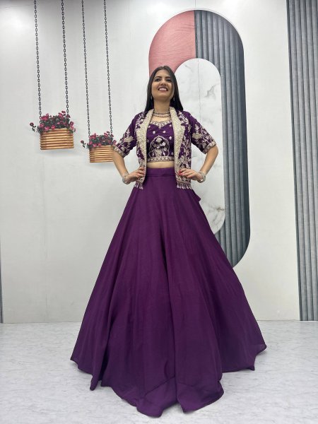 Efficient Purple ChinNon Sequence Work Lehenga Choli with Jacket Designer Lehenga Choli
