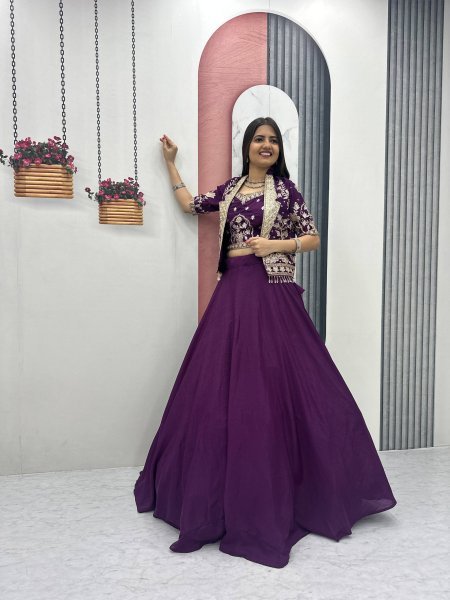 Efficient Purple ChinNon Sequence Work Lehenga Choli with Jacket Designer Lehenga Choli