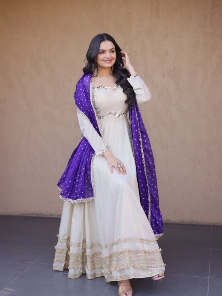 Efficient Purple Designer Anarkali Gown with Zari for Festive Wear Ready To Wear Suit