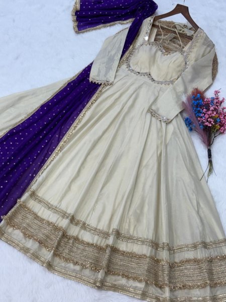 Efficient Purple Designer Anarkali Gown with Zari for Festive Wear Ready To Wear Collection