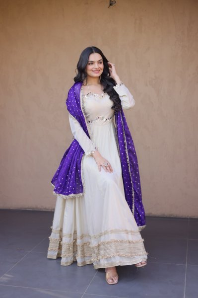 Efficient Purple Designer Anarkali Gown with Zari for Festive Wear Ready To Wear Collection