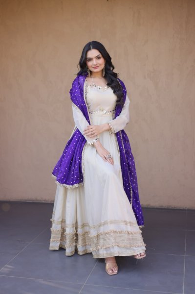 Efficient Purple Designer Anarkali Gown with Zari for Festive Wear Ready To Wear Collection