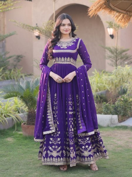 Efficient Purple Gown Set With Full Sleeves And Round Neck Sequence Work For Wholesale Ethnic Wear 