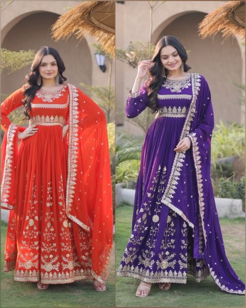 Efficient Purple Gown Set With Full Sleeves And Round Neck Sequence Work For Wholesale Ethnic Wear Ready To Wear Collection