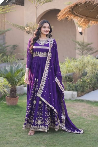 Efficient Purple Gown Set With Full Sleeves And Round Neck Sequence Work For Wholesale Ethnic Wear Ready To Wear Collection
