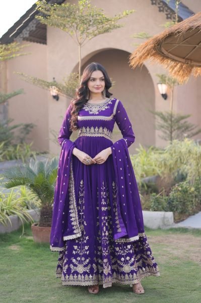 Efficient Purple Gown Set With Full Sleeves And Round Neck Sequence Work For Wholesale Ethnic Wear Ready To Wear Collection