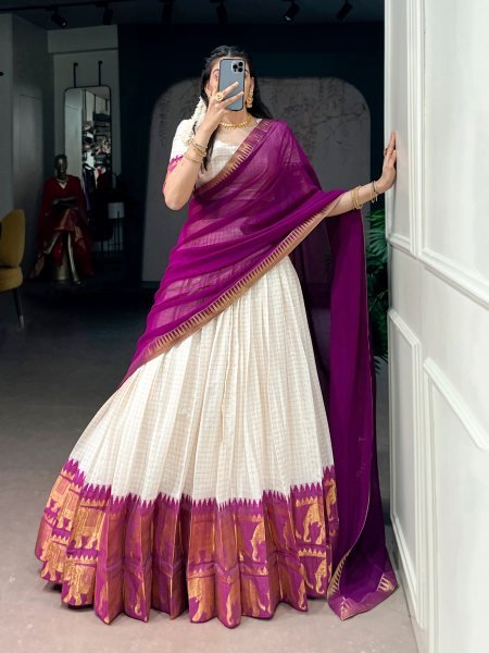 Efficient Purple Party Wear Poly Cotton Lehenga Choli with Rich Zari Weaving Work Half Saree Lehenga