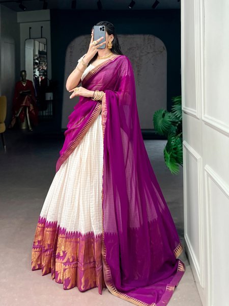 Efficient Purple Party Wear Poly Cotton Lehenga Choli with Rich Zari Weaving Work Half Saree Lehenga