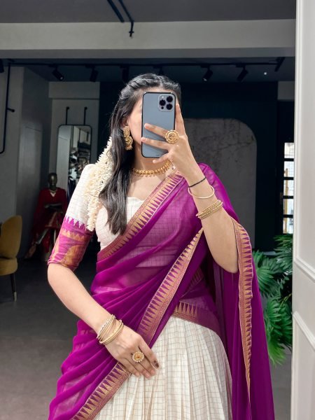 Efficient Purple Party Wear Poly Cotton Lehenga Choli with Rich Zari Weaving Work Half Saree Lehenga