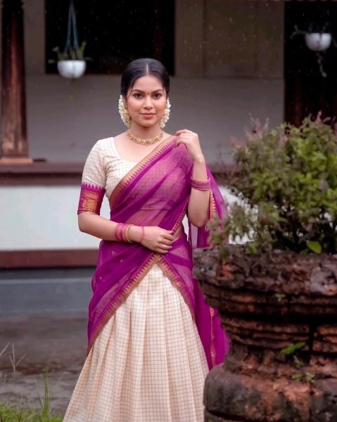 Efficient Purple Party Wear Poly Cotton Lehenga Choli with Rich Zari Weaving Work Half Saree Lehenga