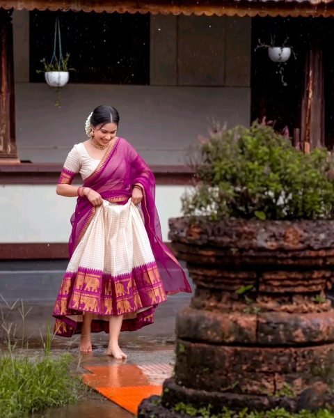 Efficient Purple Party Wear Poly Cotton Lehenga Choli with Rich Zari Weaving Work Half Saree Lehenga