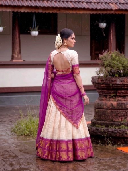 Efficient Purple Party Wear Poly Cotton Lehenga Choli with Rich Zari Weaving Work Half Saree Lehenga