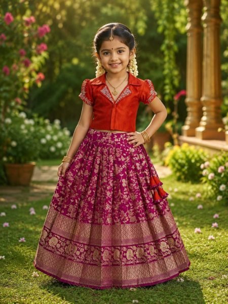 Efficient Purple Red Kids Party Wear Pure Silk Lehenga Choli with Mono Silk Blouse Kurtis