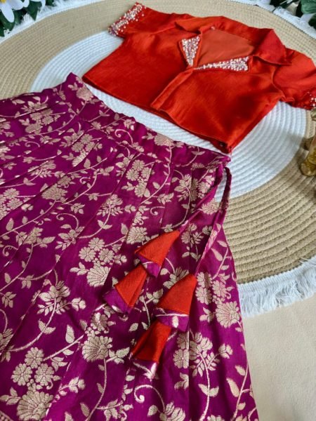 Efficient Purple Red Kids Party Wear Pure Silk Lehenga Choli with Mono Silk Blouse Girls Wear