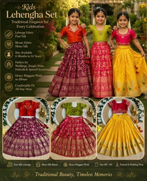 Efficient Purple Red Kids Party Wear Pure Silk Lehenga Choli with Mono Silk Blouse Girls Wear