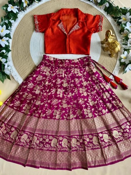 Efficient Purple Red Kids Party Wear Pure Silk Lehenga Choli with Mono Silk Blouse Girls Wear