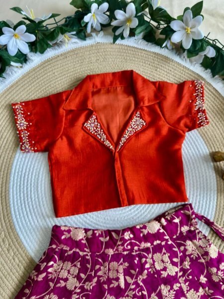 Efficient Purple Red Kids Party Wear Pure Silk Lehenga Choli with Mono Silk Blouse Girls Wear