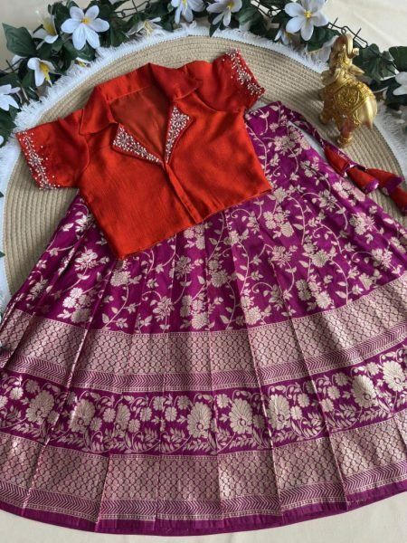 Efficient Purple Red Kids Party Wear Pure Silk Lehenga Choli with Mono Silk Blouse Girls Wear