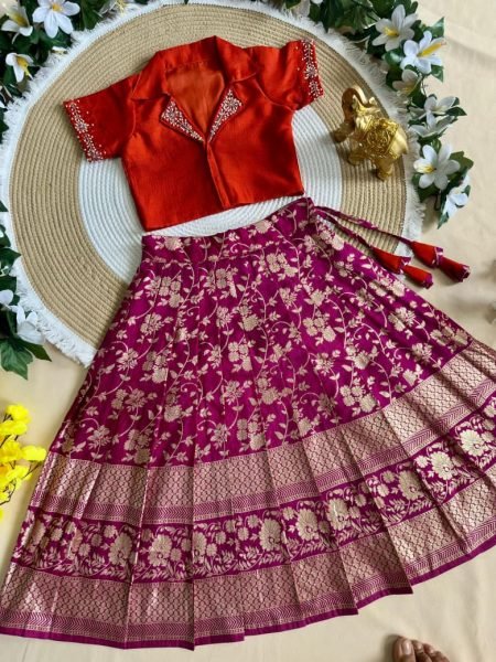 Efficient Purple Red Kids Party Wear Pure Silk Lehenga Choli with Mono Silk Blouse Girls Wear