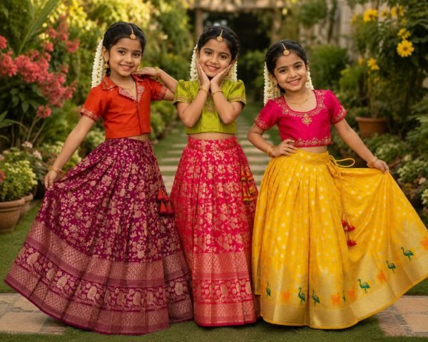 Efficient Purple Red Kids Party Wear Pure Silk Lehenga Choli with Mono Silk Blouse Girls Wear