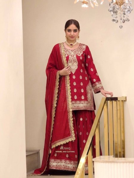 Efficient Red Chinon Silk Embroidered Top with Micro Cotton Inner and Palazzo 
