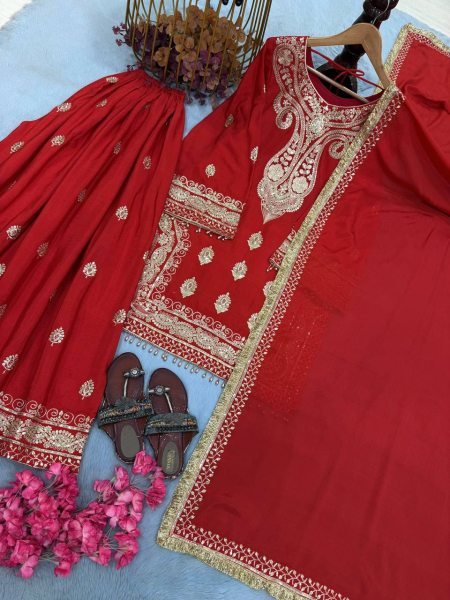 Efficient Red Chinon Silk Embroidered Top with Micro Cotton Inner and Palazzo Ready To Wear Collection