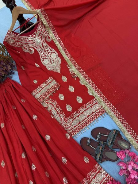 Efficient Red Chinon Silk Embroidered Top with Micro Cotton Inner and Palazzo Ready To Wear Collection