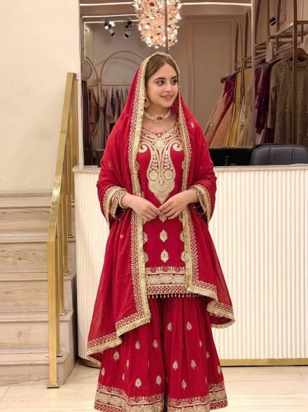 Efficient Red Chinon Silk Embroidered Top with Micro Cotton Inner and Palazzo Ready To Wear Collection