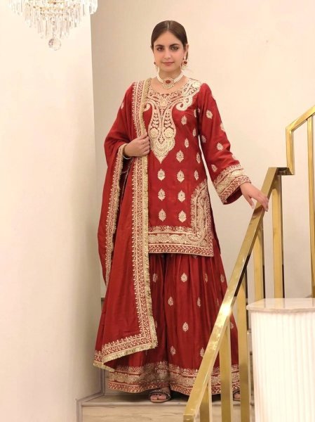 Efficient Red Chinon Silk Embroidered Top with Micro Cotton Inner and Palazzo Ready To Wear Collection