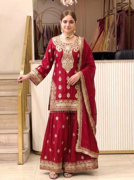 Efficient Red Chinon Silk Embroidered Top with Micro Cotton Inner and Palazzo Ready To Wear Collection