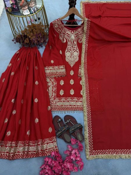 Efficient Red Chinon Silk Embroidered Top with Micro Cotton Inner and Palazzo Ready To Wear Collection
