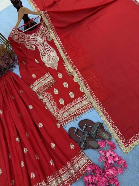 Efficient Red Chinon Silk Embroidered Top with Micro Cotton Inner and Palazzo Ready To Wear Collection