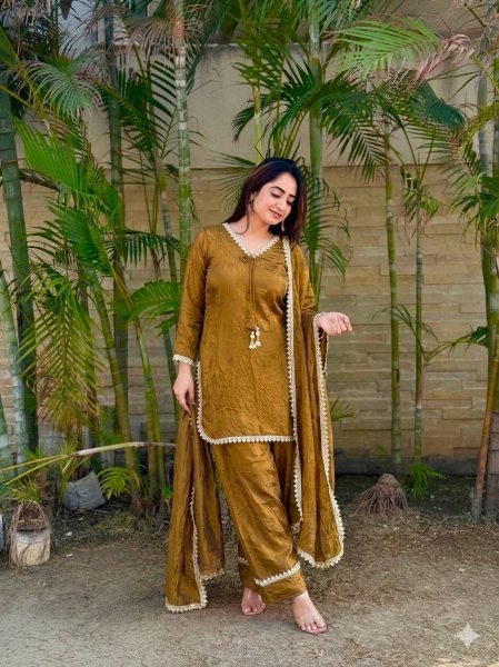 Efficient Rust Party Wear Fendi Satin Silk Suit with Real Mirror and Moti Lace For Wholesale Rate Ready To Wear Collection