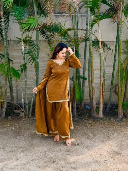 Efficient Rust Party Wear Fendi Satin Silk Suit with Real Mirror and Moti Lace For Wholesale Rate Ready To Wear Collection