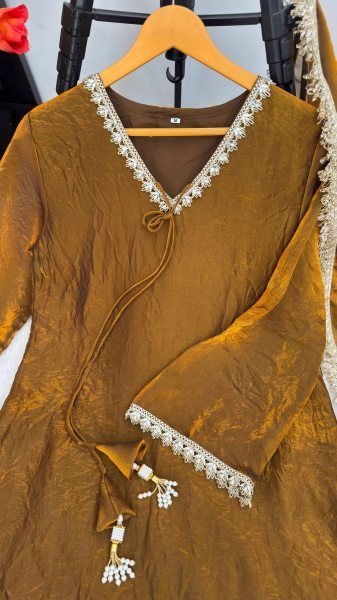 Efficient Rust Party Wear Fendi Satin Silk Suit with Real Mirror and Moti Lace For Wholesale Rate Ready To Wear Collection