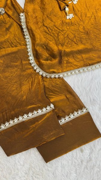 Efficient Rust Party Wear Fendi Satin Silk Suit with Real Mirror and Moti Lace For Wholesale Rate Ready To Wear Collection