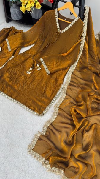 Efficient Rust Party Wear Fendi Satin Silk Suit with Real Mirror and Moti Lace For Wholesale Rate Ready To Wear Collection