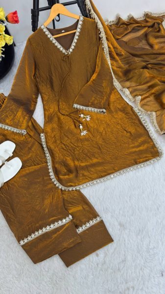 Efficient Rust Party Wear Fendi Satin Silk Suit with Real Mirror and Moti Lace For Wholesale Rate Ready To Wear Collection