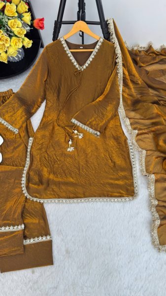 Efficient Rust Party Wear Fendi Satin Silk Suit with Real Mirror and Moti Lace For Wholesale Rate Ready To Wear Collection