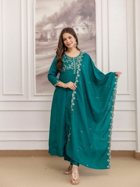 Efficient Teal Green Premium Vichitra Silk Embroidered Kurta Sharara Dupatta Set Anarkali Kurtis 