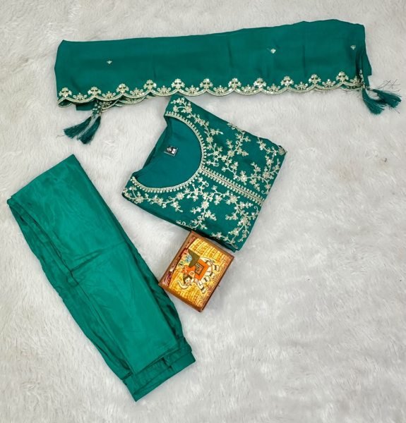 Efficient Teal Green Premium Vichitra Silk Embroidered Kurta Sharara Dupatta Set Embroidery Kurtis 
