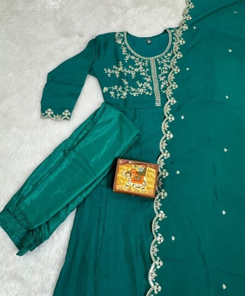Efficient Teal Green Premium Vichitra Silk Embroidered Kurta Sharara Dupatta Set Embroidery Kurtis 