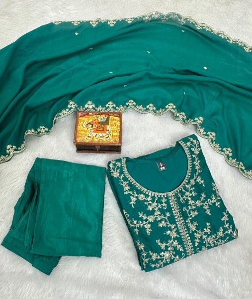 Efficient Teal Green Premium Vichitra Silk Embroidered Kurta Sharara Dupatta Set Embroidery Kurtis 