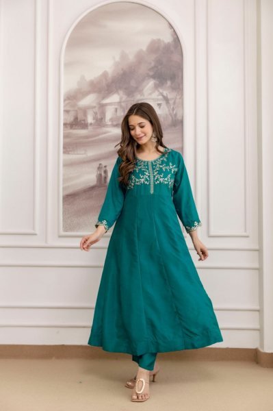 Efficient Teal Green Premium Vichitra Silk Embroidered Kurta Sharara Dupatta Set Embroidery Kurtis 