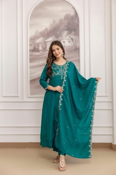 Efficient Teal Green Premium Vichitra Silk Embroidered Kurta Sharara Dupatta Set Embroidery Kurtis 