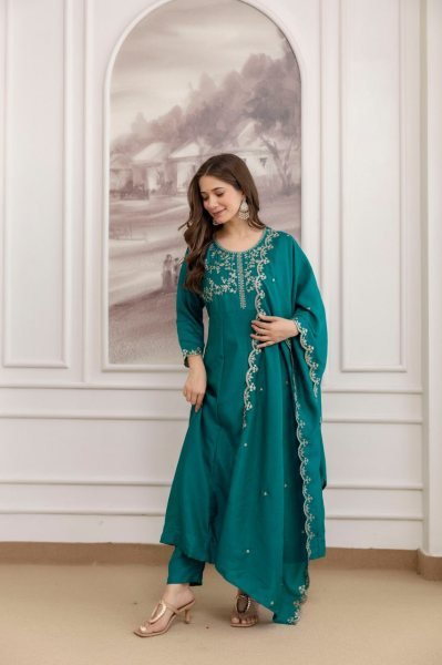 Efficient Teal Green Premium Vichitra Silk Embroidered Kurta Sharara Dupatta Set Embroidery Kurtis 
